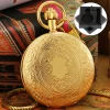 Classic Vintage Shield Design Copper Mechanical Pocket Watch Men Gift Box Fob Chain Pendant Antique Self Winding Clock Male