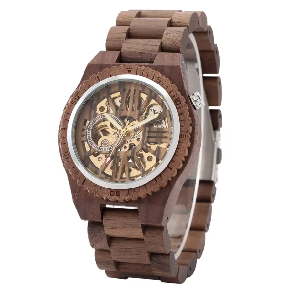Automatic Mechanical Men Watches Natural Walnut Wood Bracelet Self Winding Wristwatch Folding Clasp Man Wooden Watch 2021 reloj