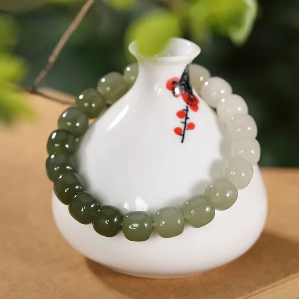 Natural Hetian Jade Green Jade Old Bead Bracelet Women's Jade Gradual Change Retro Simple Single-Circle Bracelet