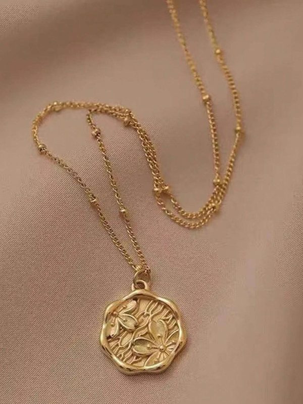 1pc Round Plate Peach Blossom Imprint Pendant Necklace Non-Fading